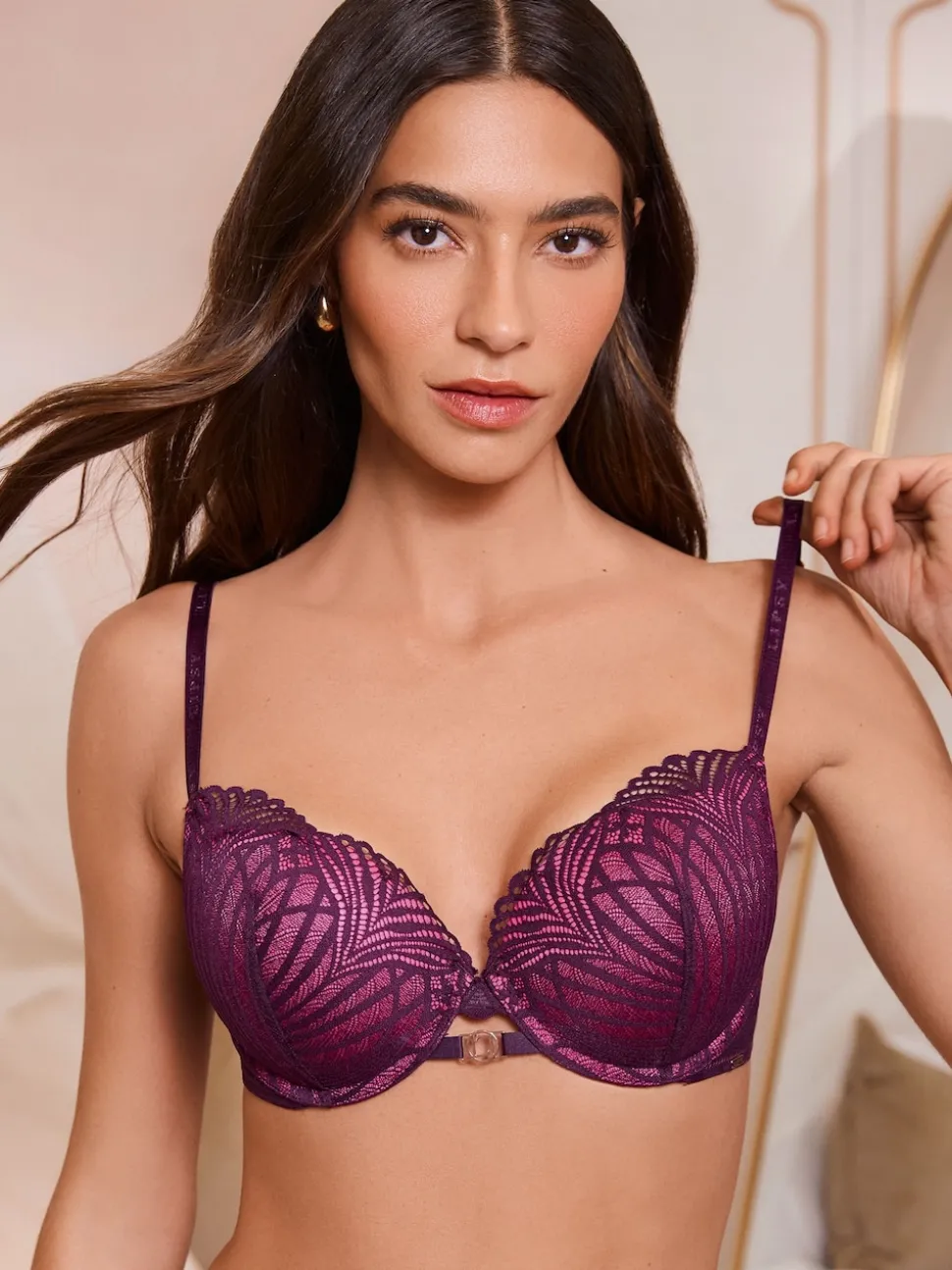 Lipsy Pink/Purple Geo Lace Triple Boost Bra