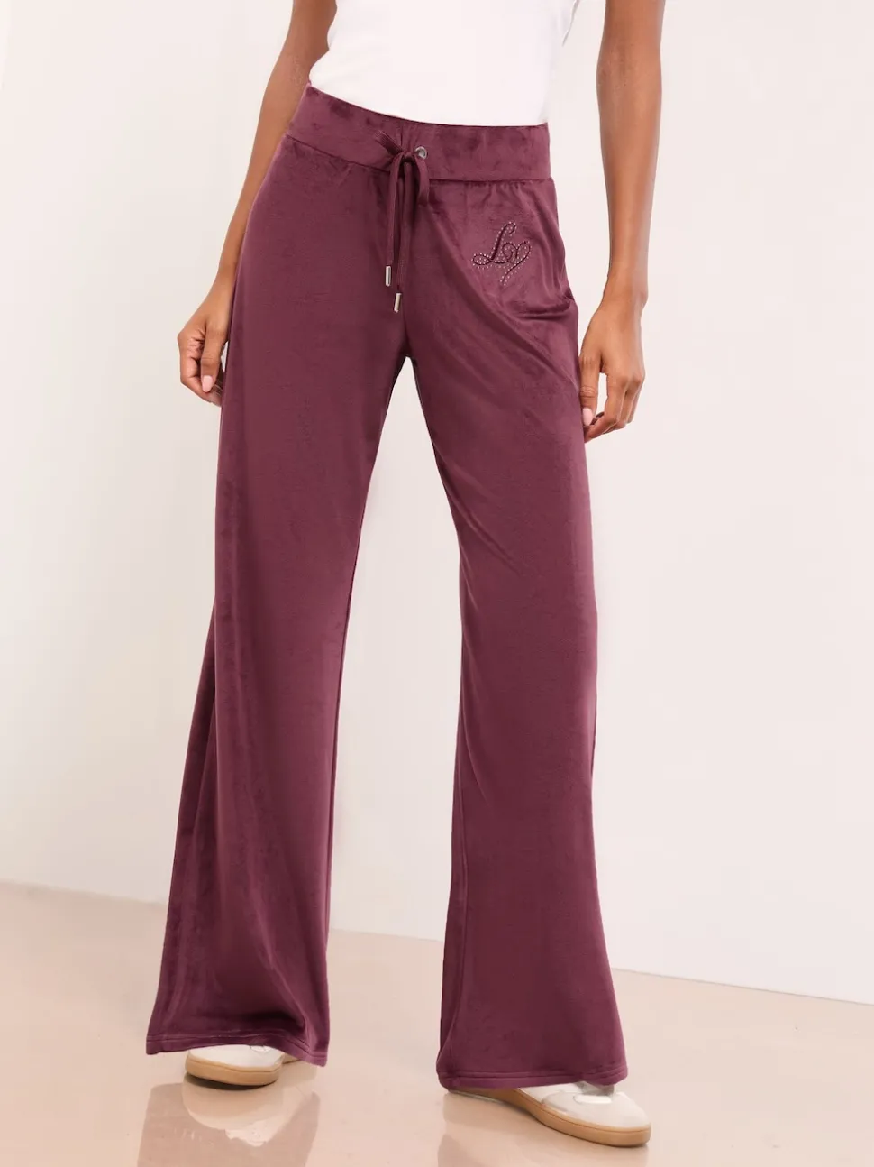 Lipsy Plum Purple Embroidered Velour Relaxed Wide Leg Joggers