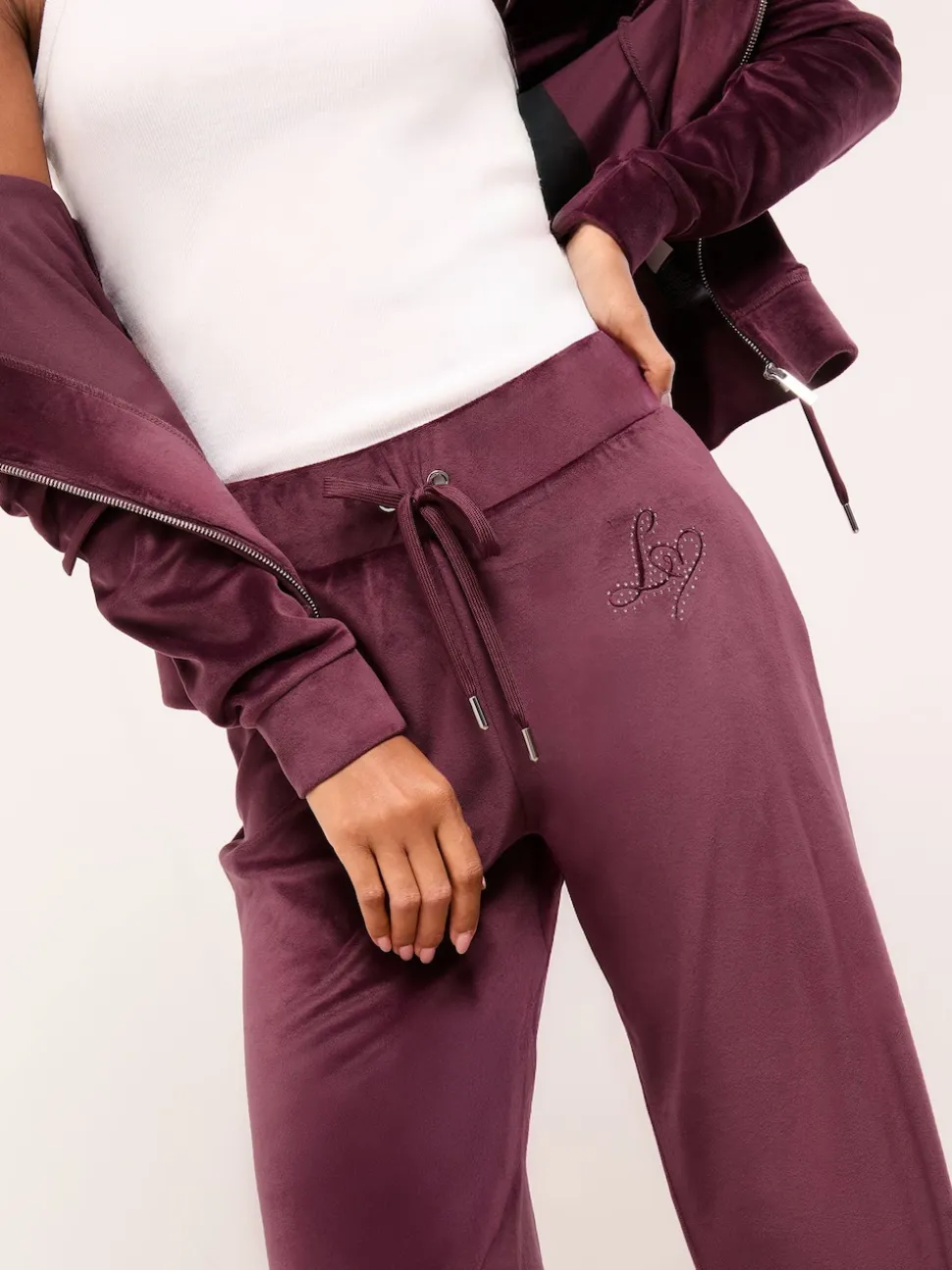 Lipsy Plum Purple Embroidered Velour Relaxed Wide Leg Joggers