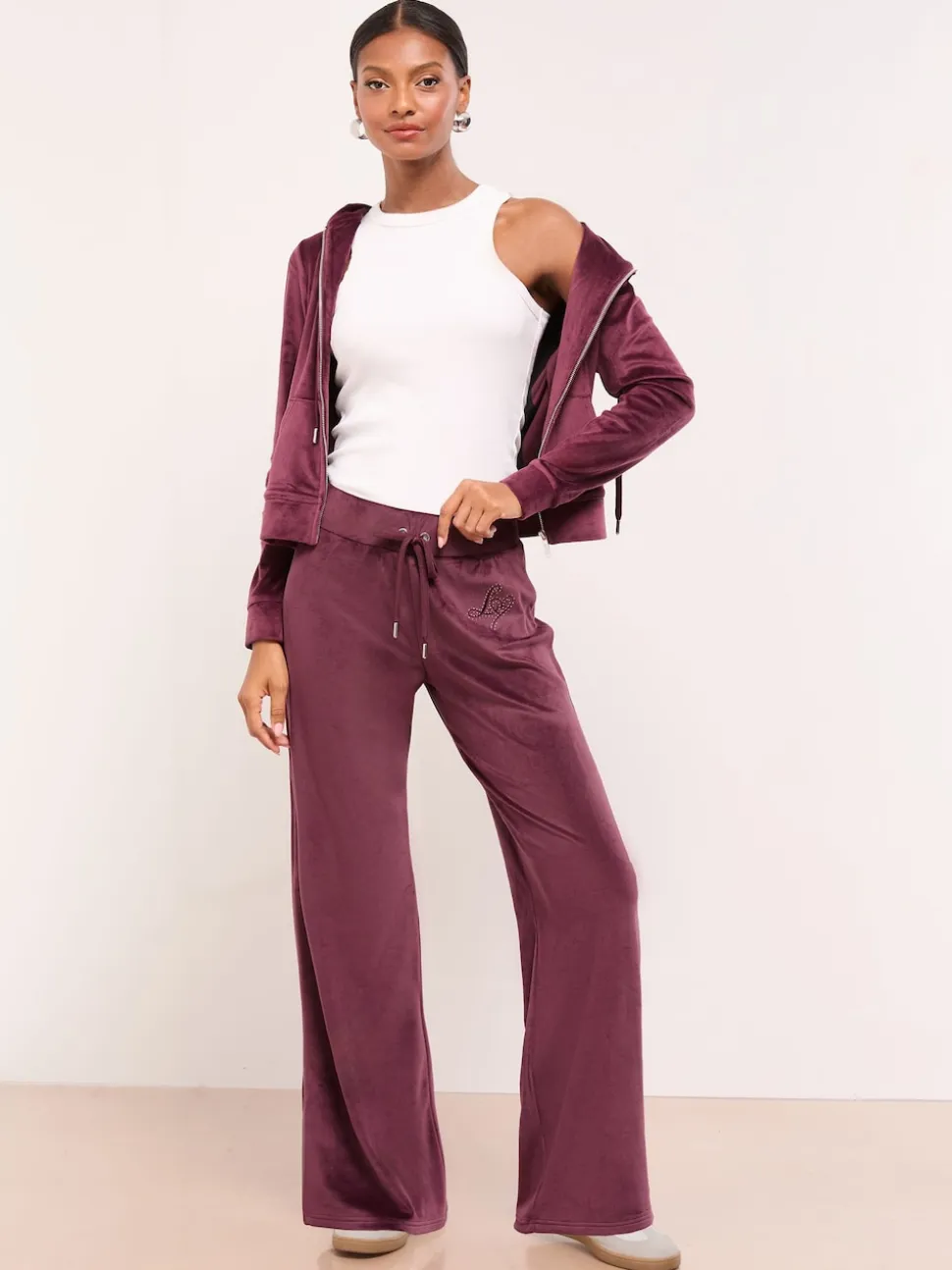 Lipsy Plum Purple Embroidered Velour Relaxed Wide Leg Joggers