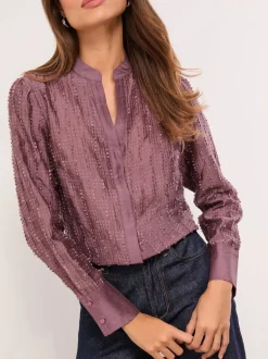 Lipsy Purple Button Down Burnout Detail Shirt