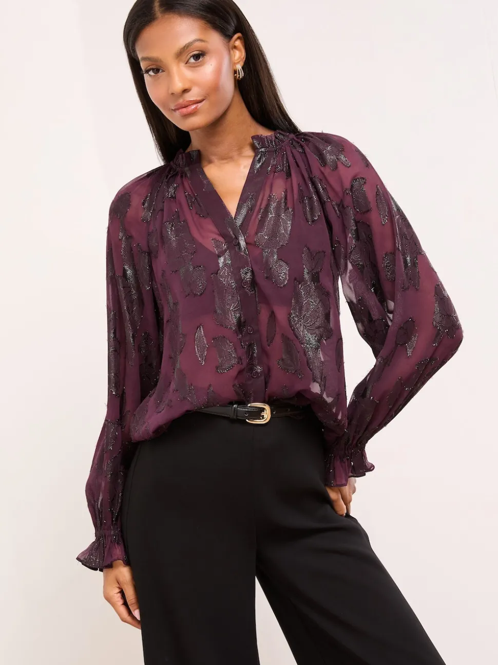 Lipsy Purple Lurex Floral Burnout Blouse