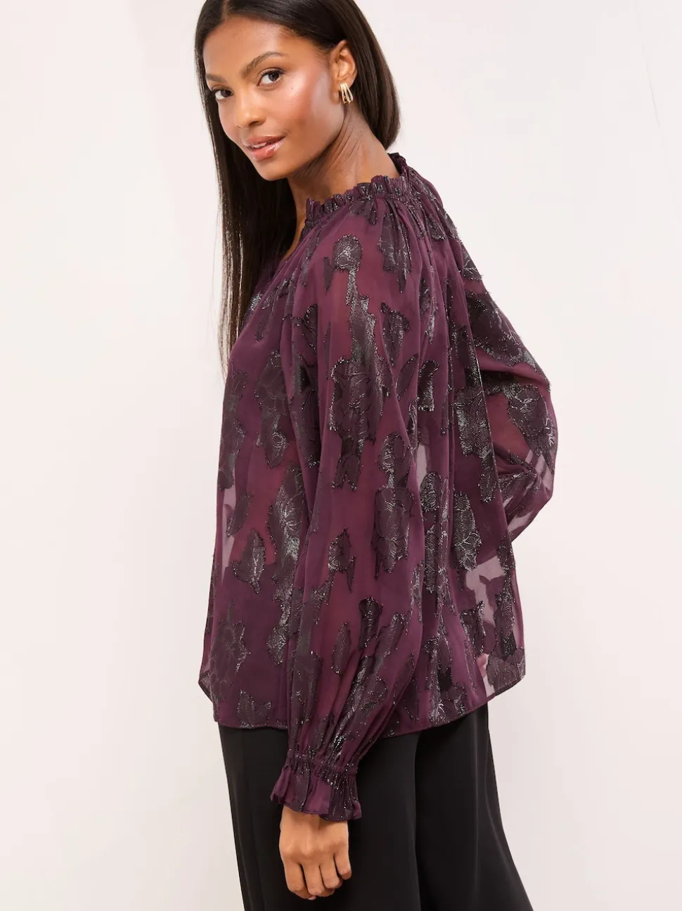Lipsy Purple Lurex Floral Burnout Blouse