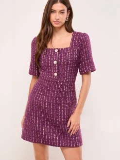 Lipsy Purple Tweed Square Neck Boucle Gold Button Dress