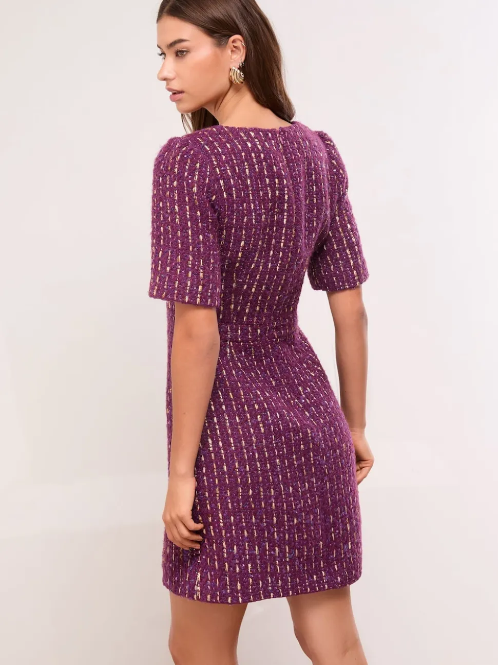 Lipsy Purple Tweed Square Neck Boucle Gold Button Dress