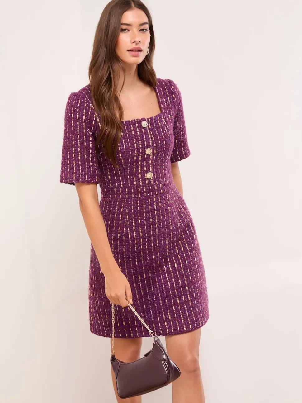 Lipsy Purple Tweed Square Neck Boucle Gold Button Dress