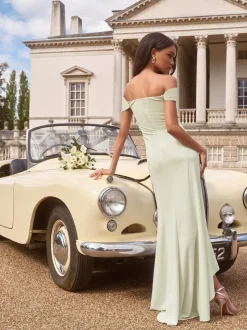 Lipsy Sage Green Bardot 3D Floral Trim Bridesmaid Dress