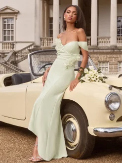 Lipsy Sage Green Bardot 3D Floral Trim Bridesmaid Dress