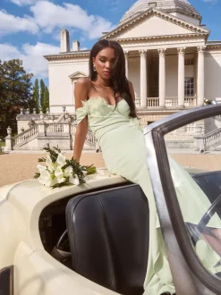 Lipsy Sage Green Bardot 3D Floral Trim Bridesmaid Dress
