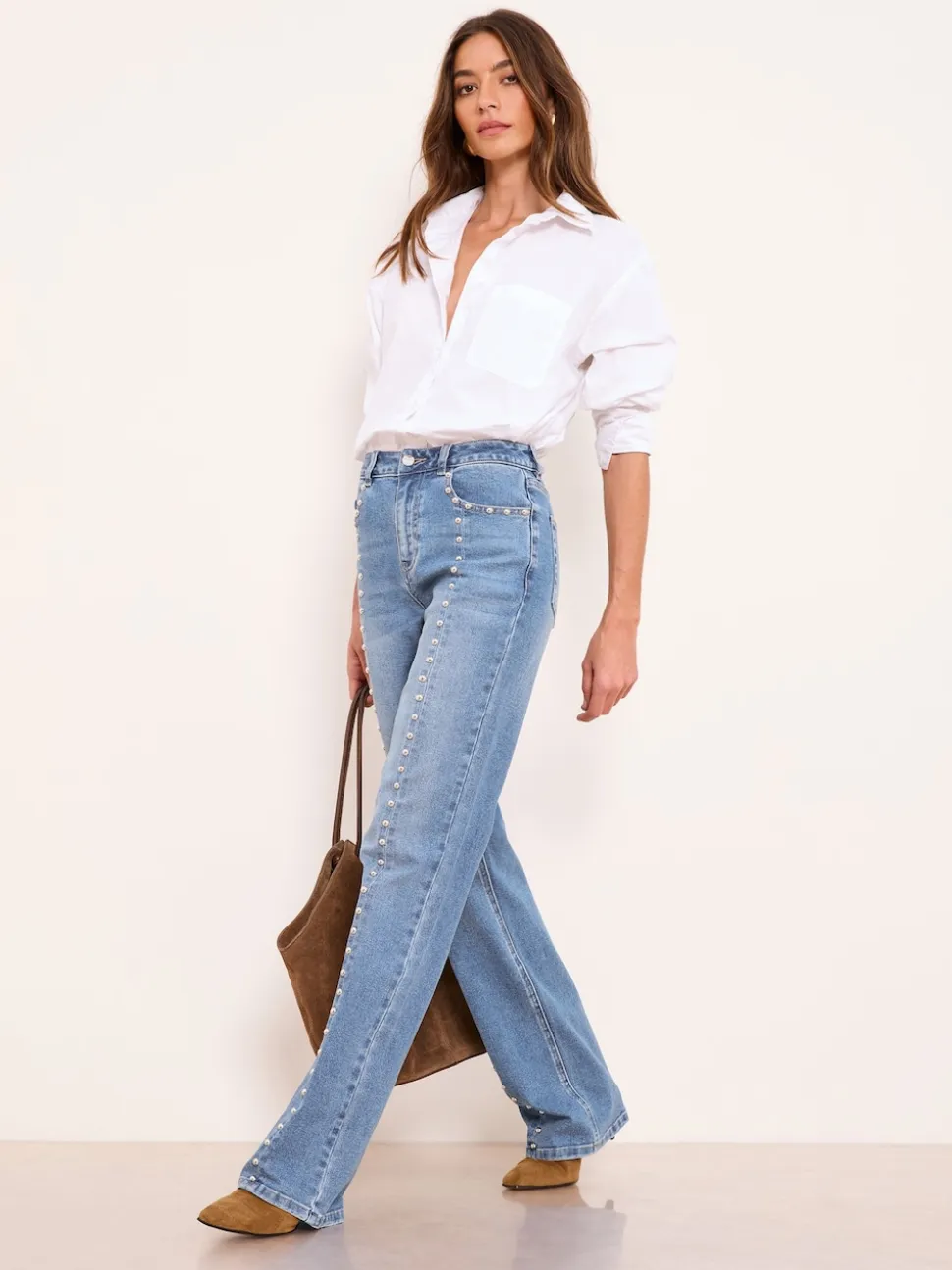 Lipsy Studded Mid Wash Blue Petite Wide Leg Jeans