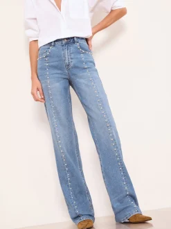 Lipsy Studded Mid Wash Blue Wide Leg Jeans