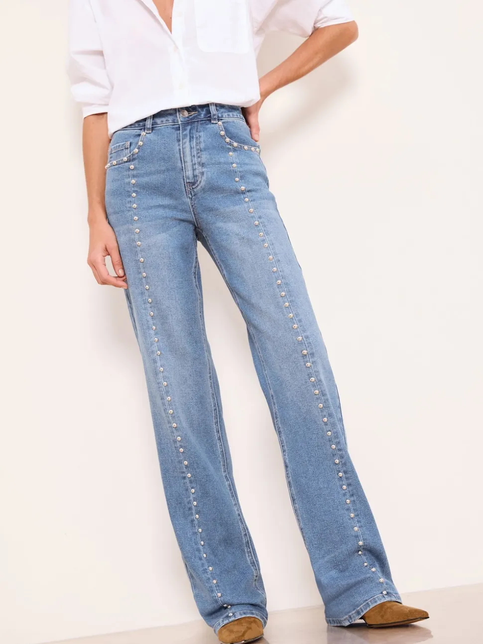 Lipsy Studded Mid Wash Blue Wide Leg Jeans