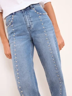 Lipsy Studded Mid Wash Blue Wide Leg Jeans
