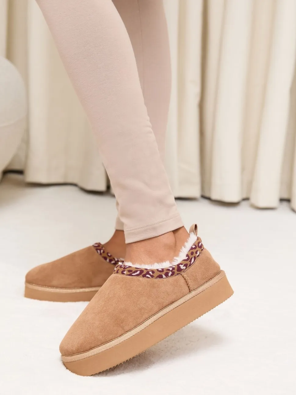 Lipsy Tan Brown Borg Leopard Print Trim Platform Slippers Boots