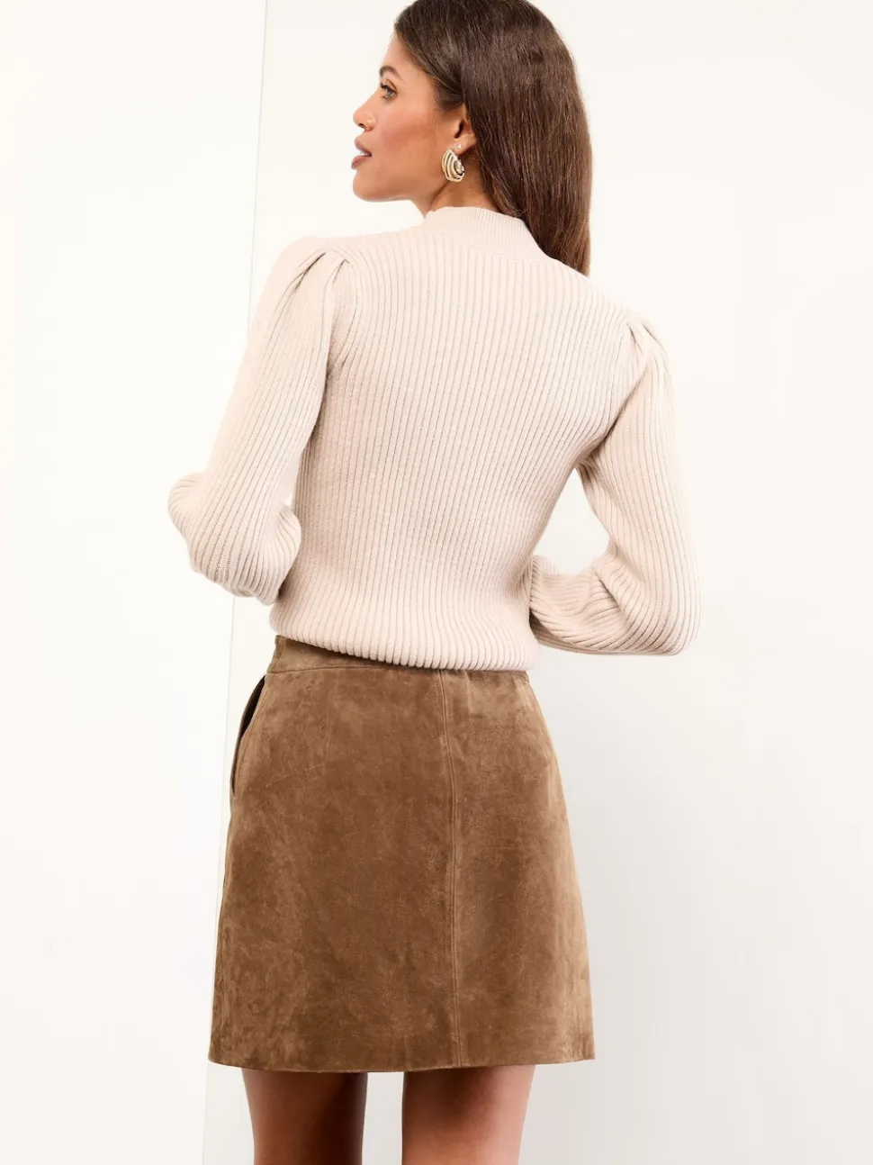 Lipsy Tan Brown Mini Suede Double Popper Skirt