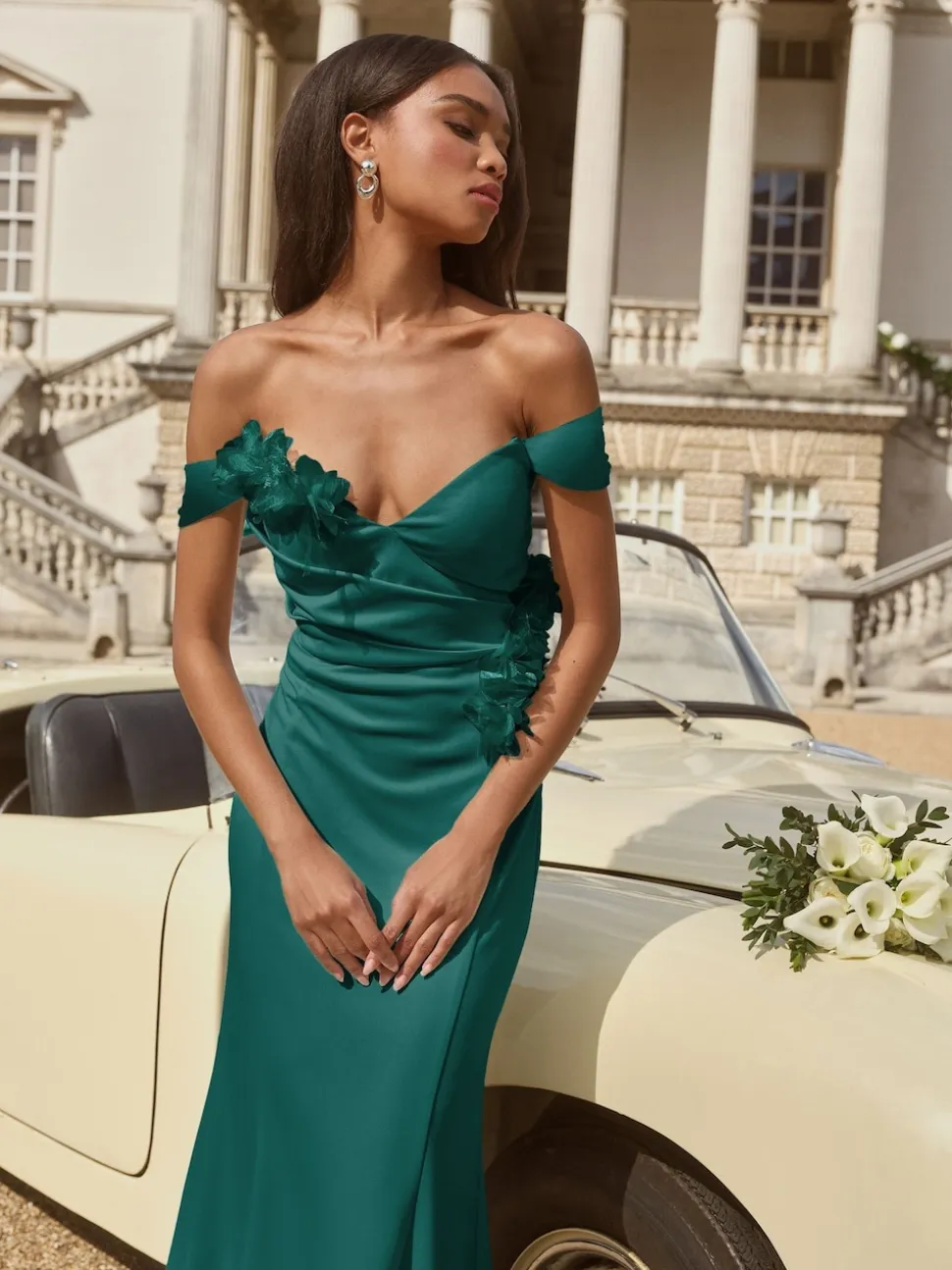 Lipsy Teal Blue Bardot 3D Floral Trim Bridesmaid Dress