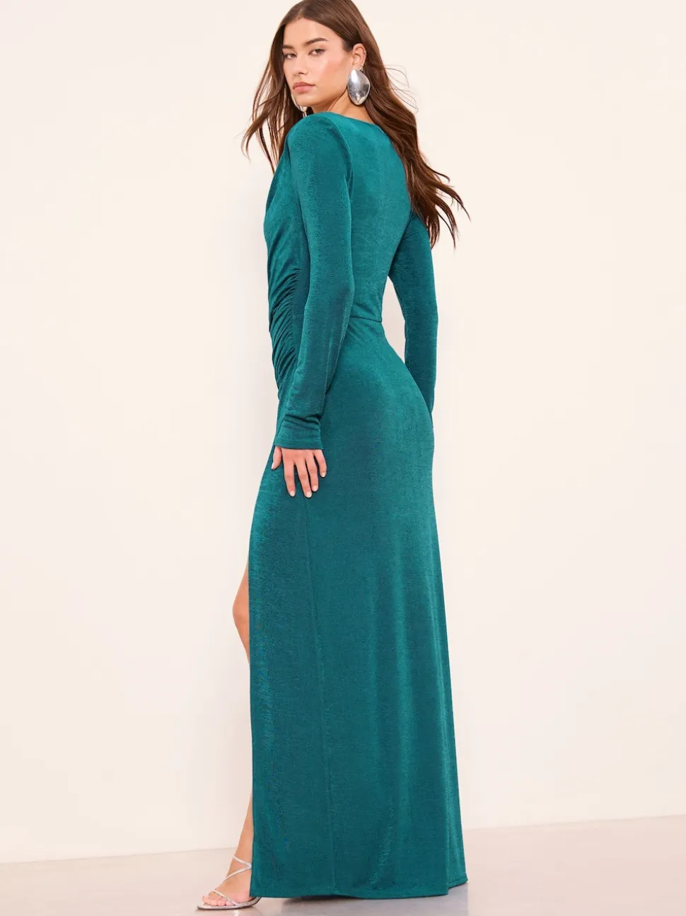 Lipsy Teal Blue Cowl Neck Long Sleeve Slinky Maxi Dress