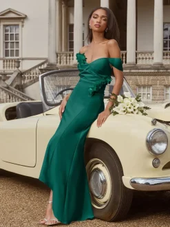 Lipsy Teal Blue Petite Bardot 3D Floral Trim Bridesmaid Dress