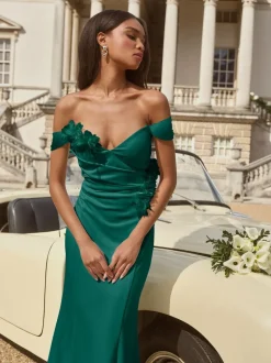 Lipsy Teal Blue Petite Bardot 3D Floral Trim Bridesmaid Dress