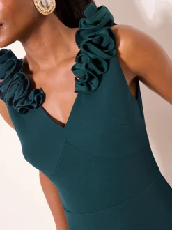 Lipsy Teal Blue Petite Flower Trim V-Neck Skater Dress