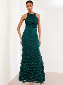 Lipsy Teal Blue Petite Premium Floral 3D Textured Halter Maxi Dress