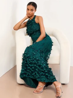 Lipsy Teal Blue Petite Premium Floral 3D Textured Halter Maxi Dress
