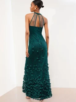 Lipsy Teal Blue Petite Premium Floral 3D Textured Halter Maxi Dress