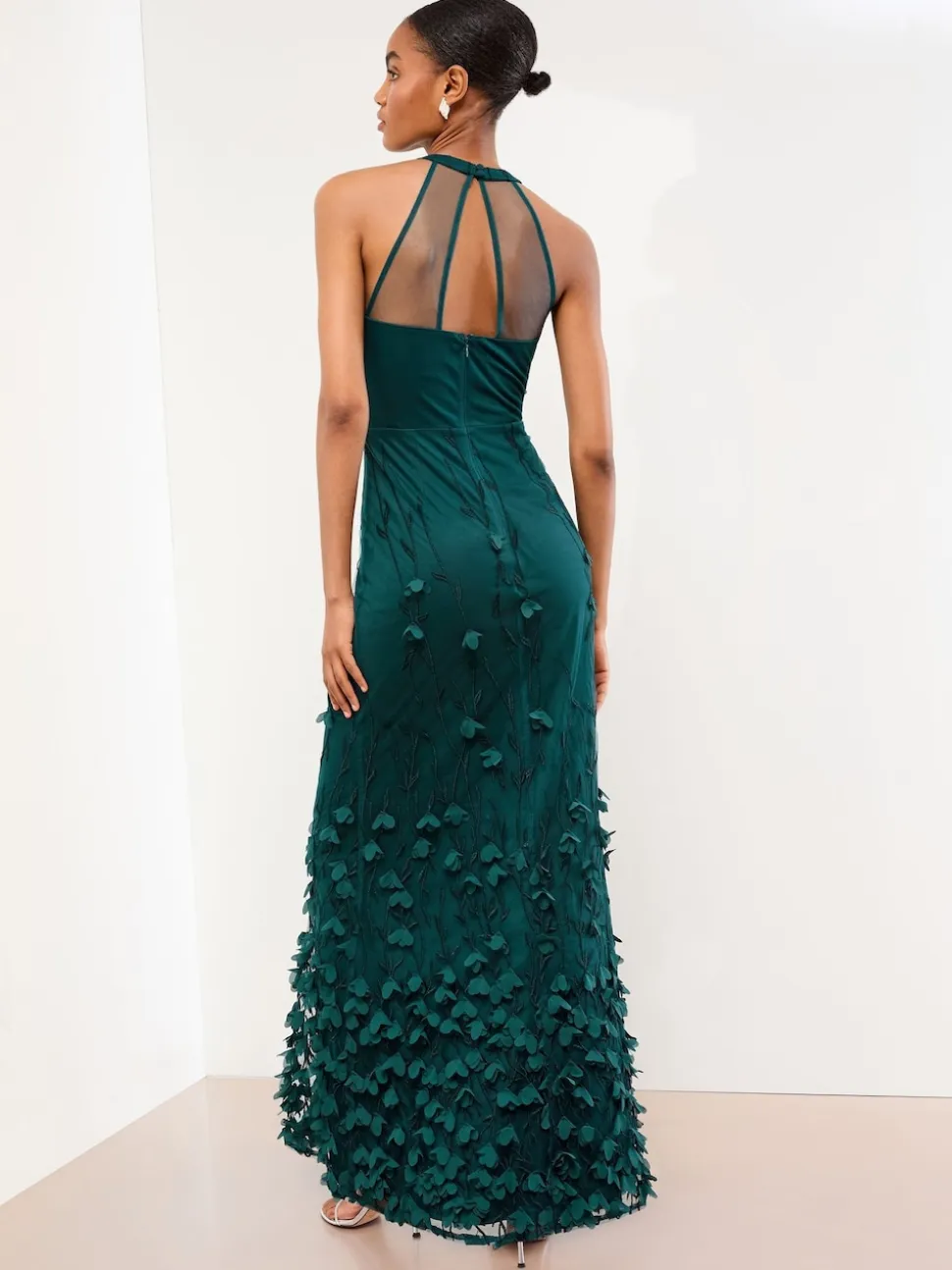 Lipsy Teal Blue Petite Premium Floral 3D Textured Halter Maxi Dress