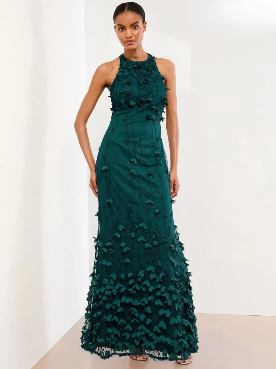 Lipsy Teal Blue Premium Floral 3D Textured Halter Maxi Dress