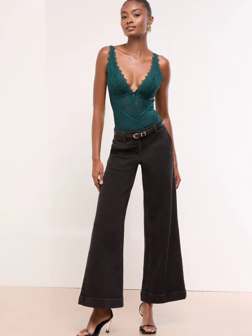 Lipsy Teal Lace Low Plunge Thong Bodysuit