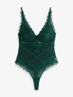 Lipsy Teal Lace Low Plunge Thong Bodysuit