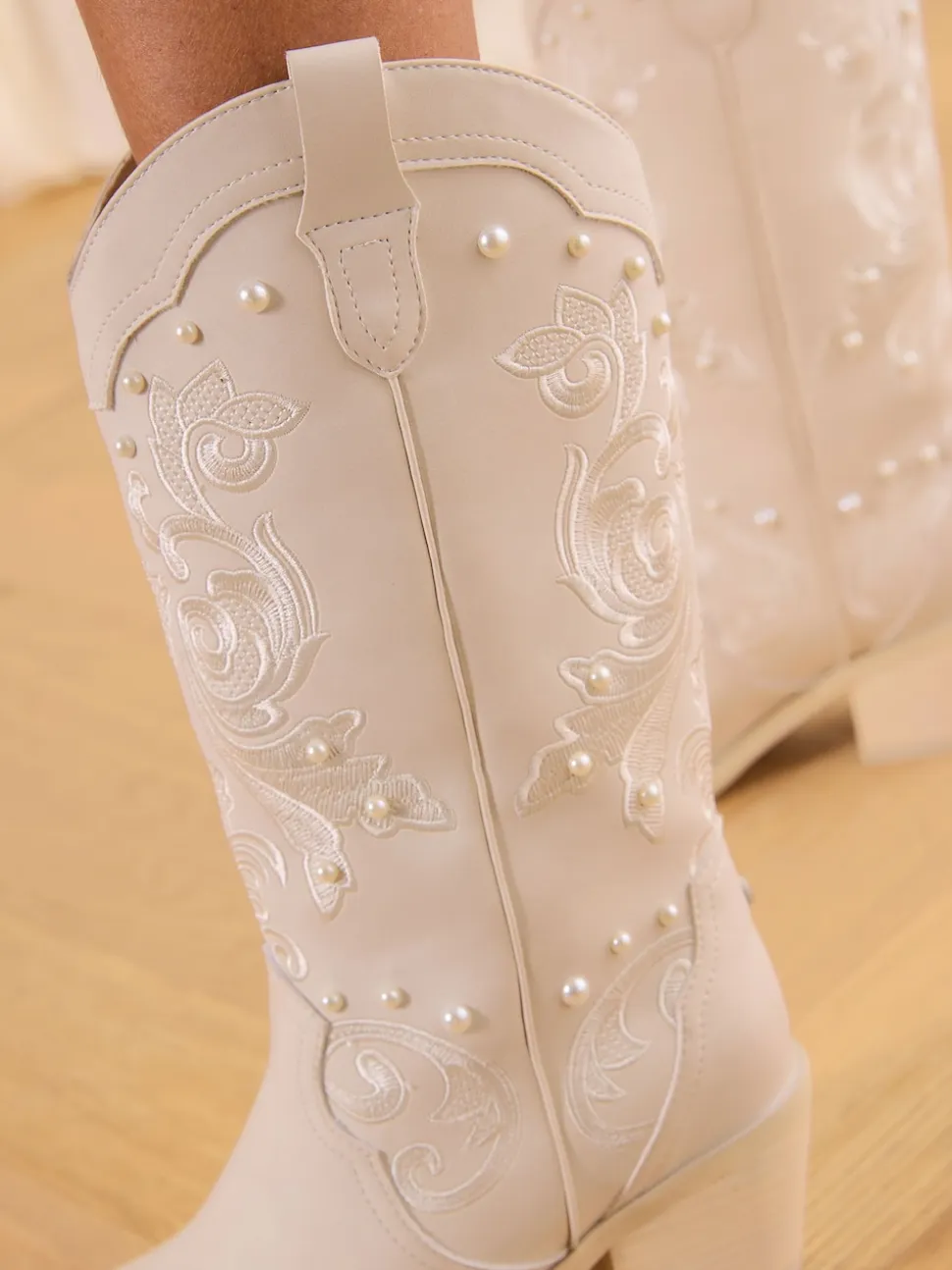 Lipsy White Bridal Pearl Embellished Mid Calf Western Boots