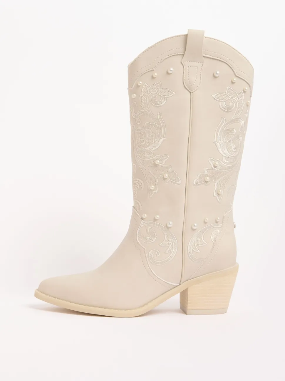 Lipsy White Bridal Pearl Embellished Mid Calf Western Boots
