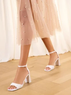 Lipsy White Bridal Satin Pearl Embellished High Block Heeled Sandals
