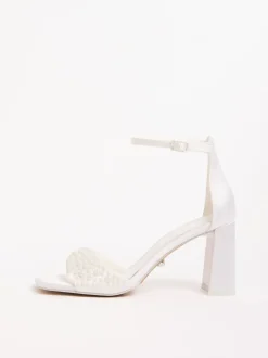 Lipsy White Bridal Satin Pearl Embellished High Block Heeled Sandals