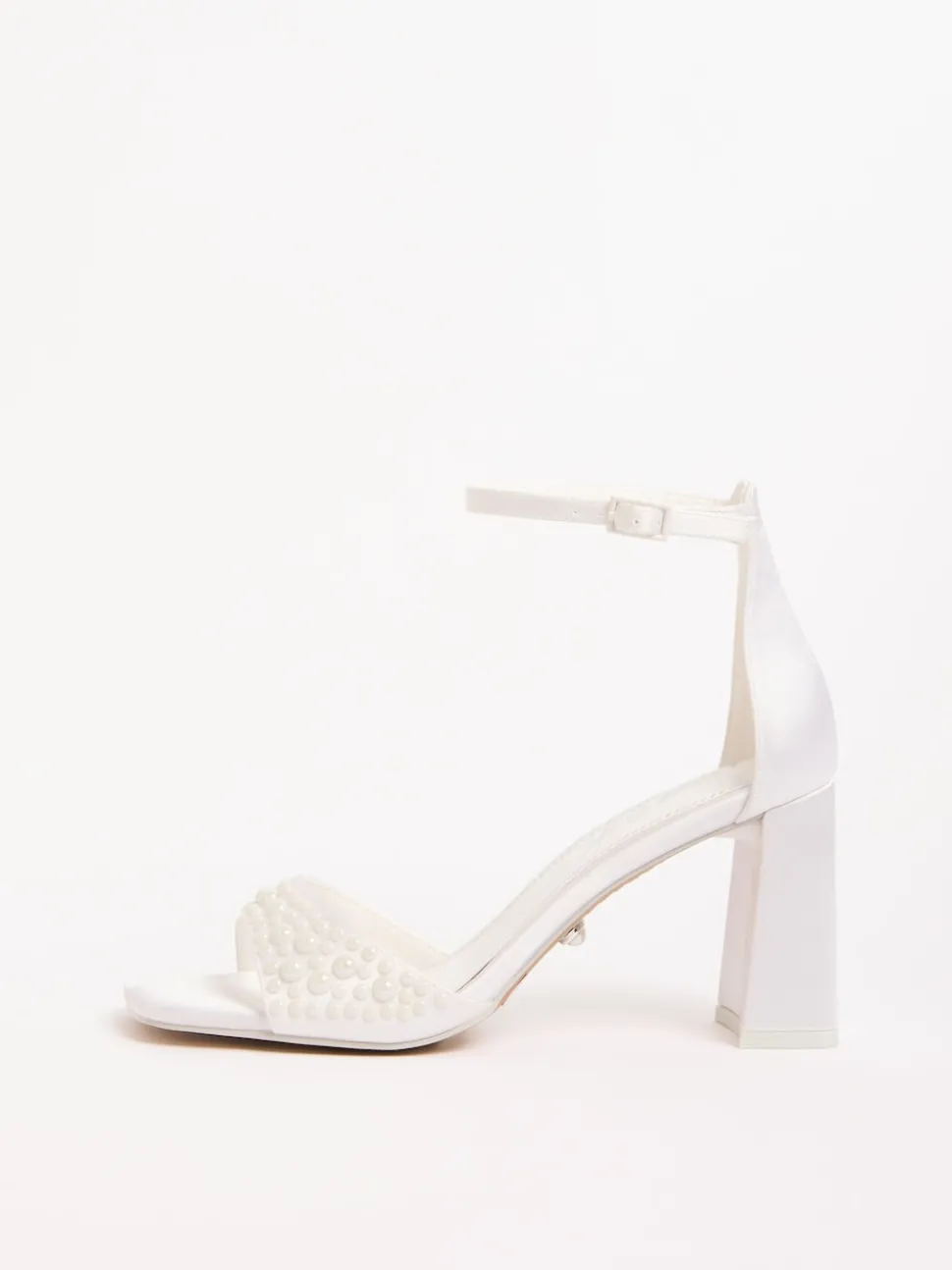 Lipsy White Bridal Satin Pearl Embellished High Block Heeled Sandals