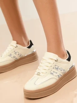 Lipsy White Leopard Wide Fit Print Side Stripe Chunky Gum Sports Trainers