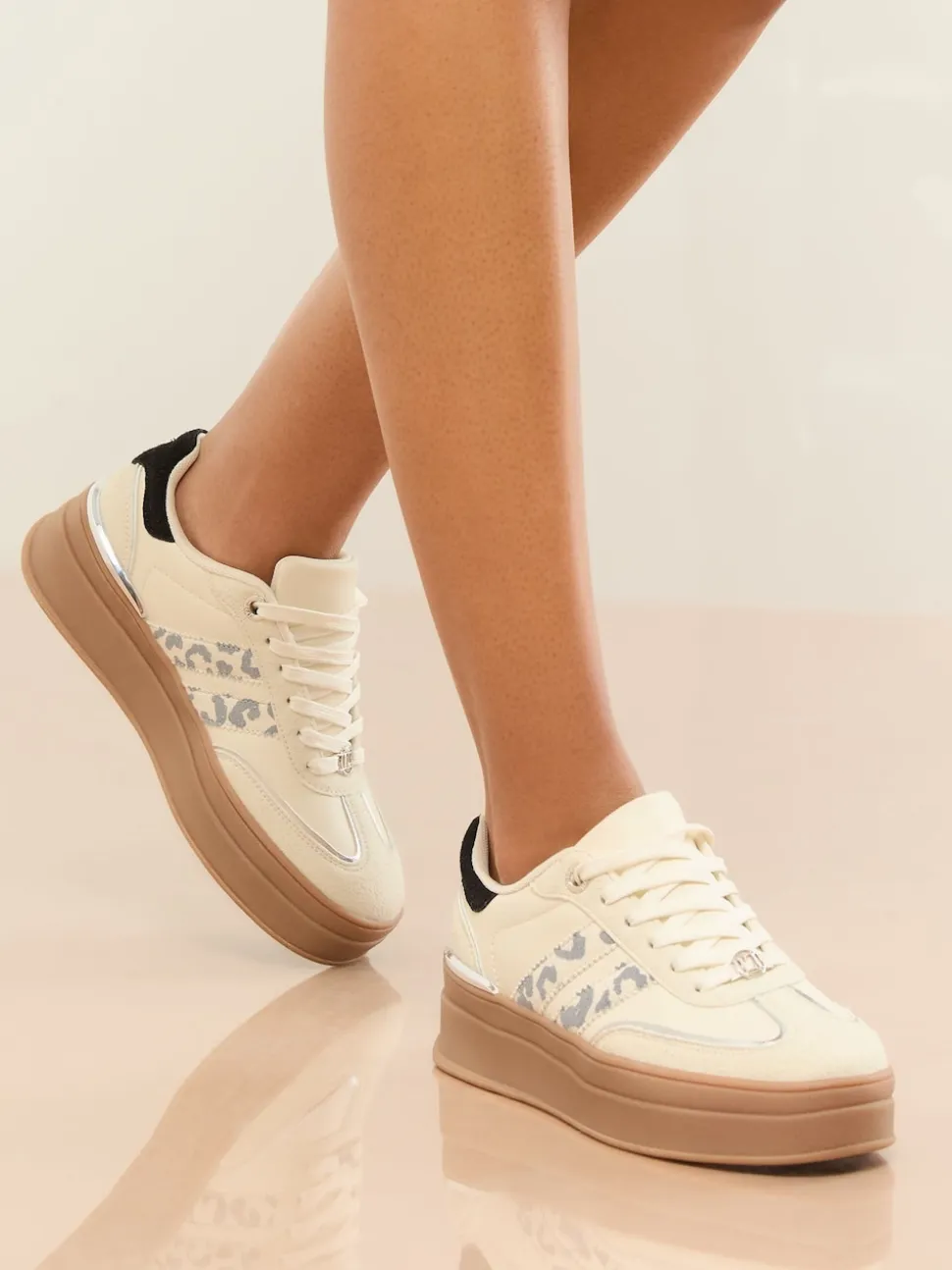 Lipsy White Leopard Wide Fit Print Side Stripe Chunky Gum Sports Trainers
