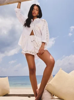 Lipsy White Relaxed Fit Broderie Beach 100% Cotton Shirt