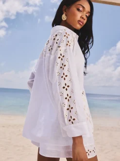 Lipsy White Relaxed Fit Broderie Beach 100% Cotton Shirt