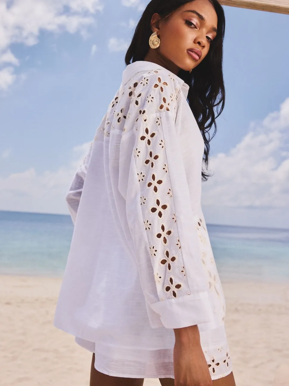Lipsy White Relaxed Fit Broderie Beach 100% Cotton Shirt
