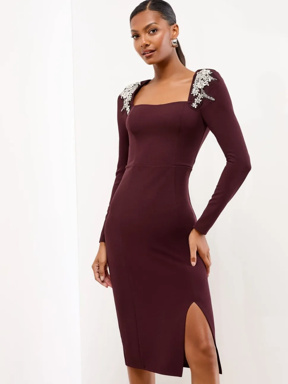 Lipsy Wine Embellished Shoulder Trim Long Sleeve Bodycon Midi Dress
