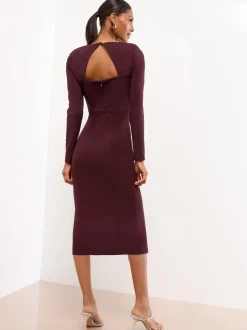 Lipsy Wine Embellished Shoulder Trim Long Sleeve Bodycon Midi Dress