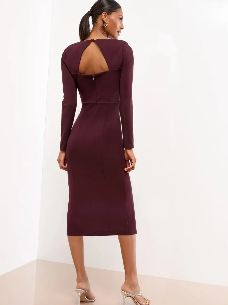 Lipsy Wine Embellished Shoulder Trim Long Sleeve Bodycon Midi Dress