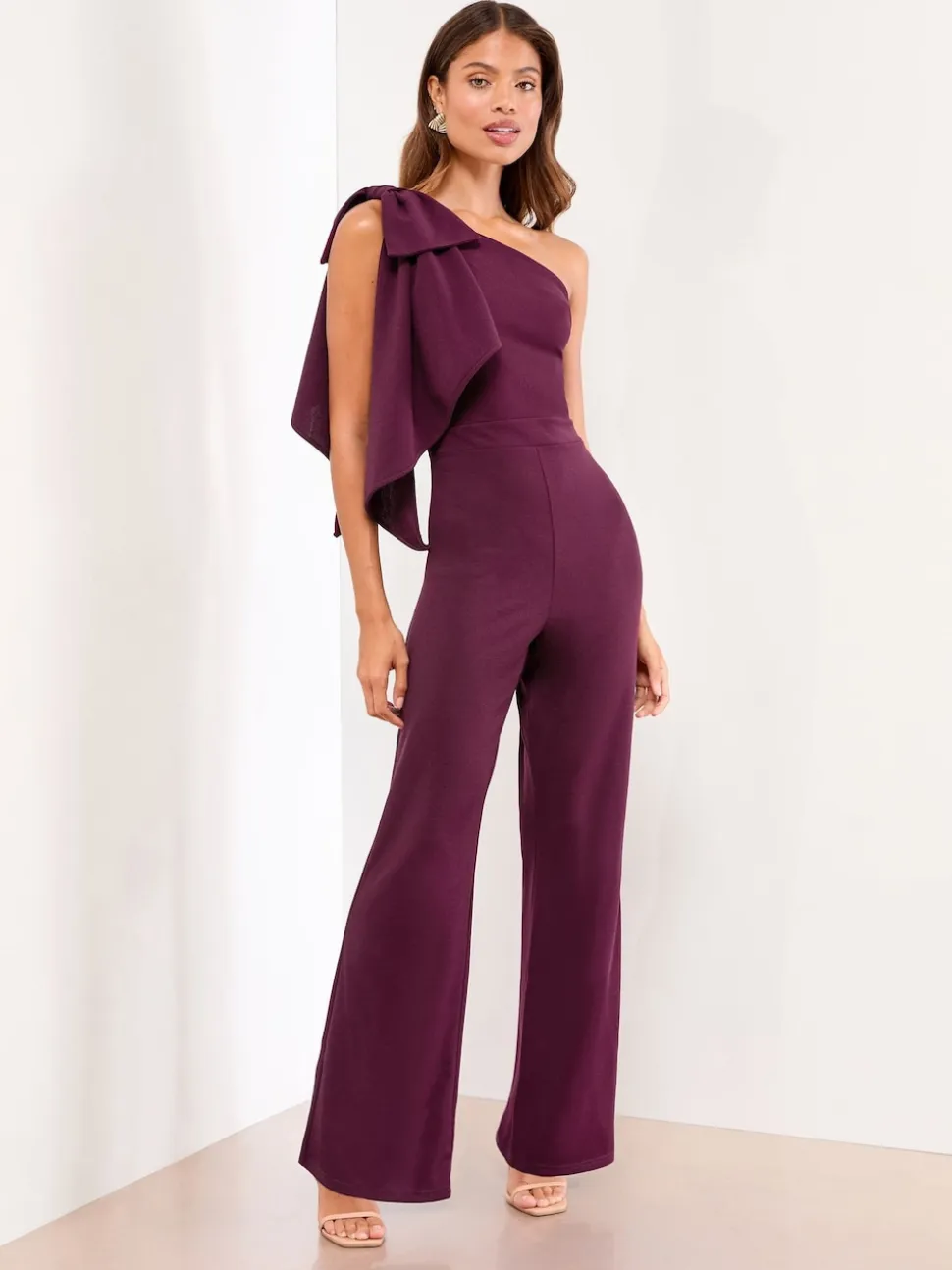 Lipsy Wine One Shoulder Bow Jumpsuit