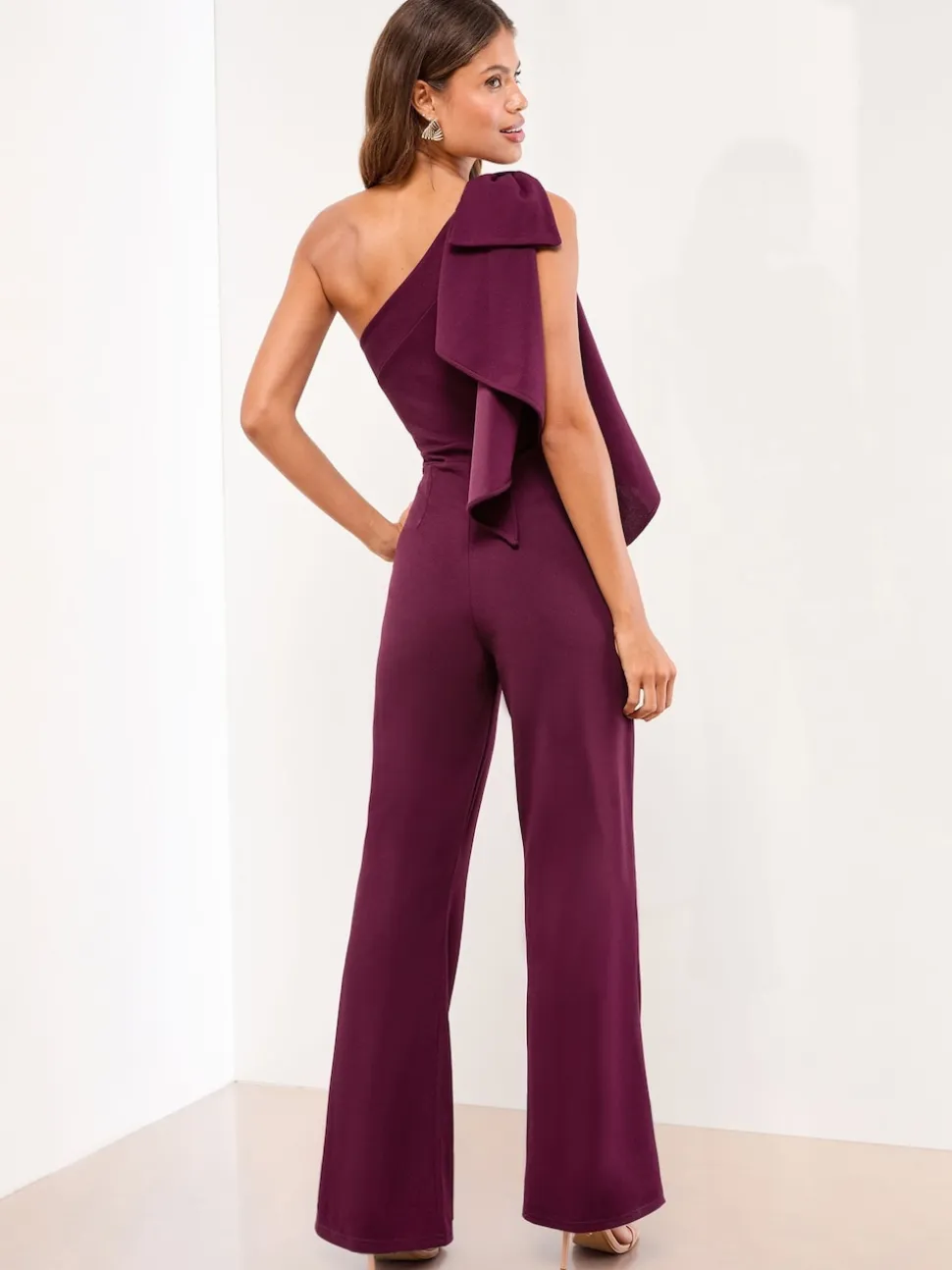 Lipsy Wine Petite One Shoulder Bow Jumpsuit