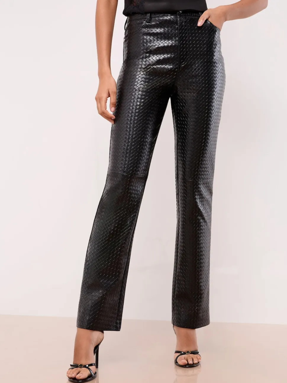 Lipsy Woven Black Faux Leather Straight Leg Trousers