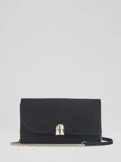 LK Bennett Black Aria Suede Curve Flap Wide Clutch Bag