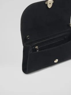 LK Bennett Black Aria Suede Curve Flap Wide Clutch Bag
