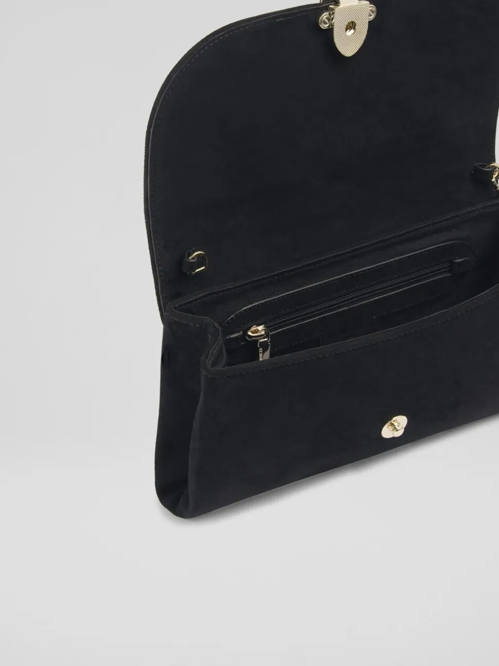 LK Bennett Black Aria Suede Curve Flap Wide Clutch Bag